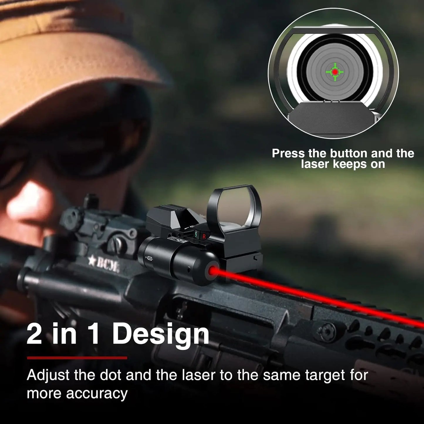 Reflex Sight - 4 Reticle Red & Green Dot Sight Optics with Integrated Red/Green Laser Sight Less Than 5mW Output