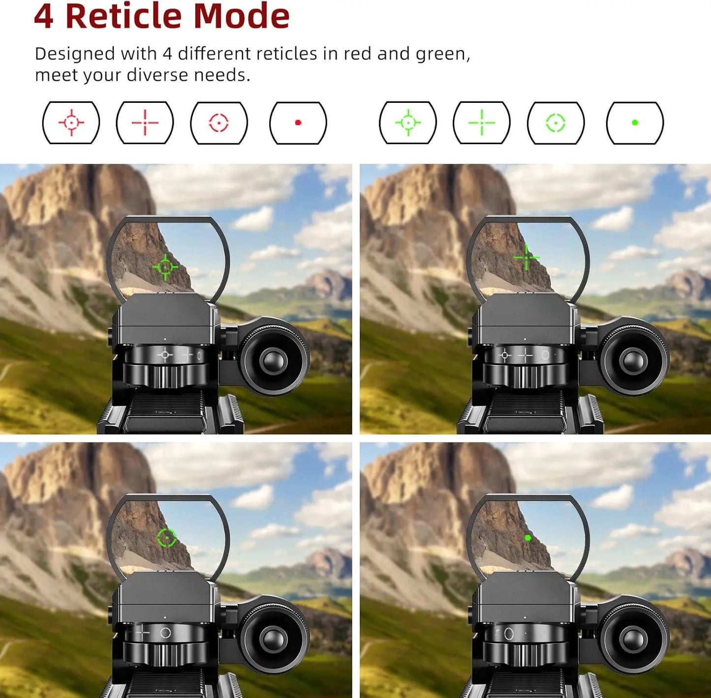 Reflex Sight - 4 Reticle Red & Green Dot Sight Optics with Integrated Red/Green Laser Sight Less Than 5mW Output