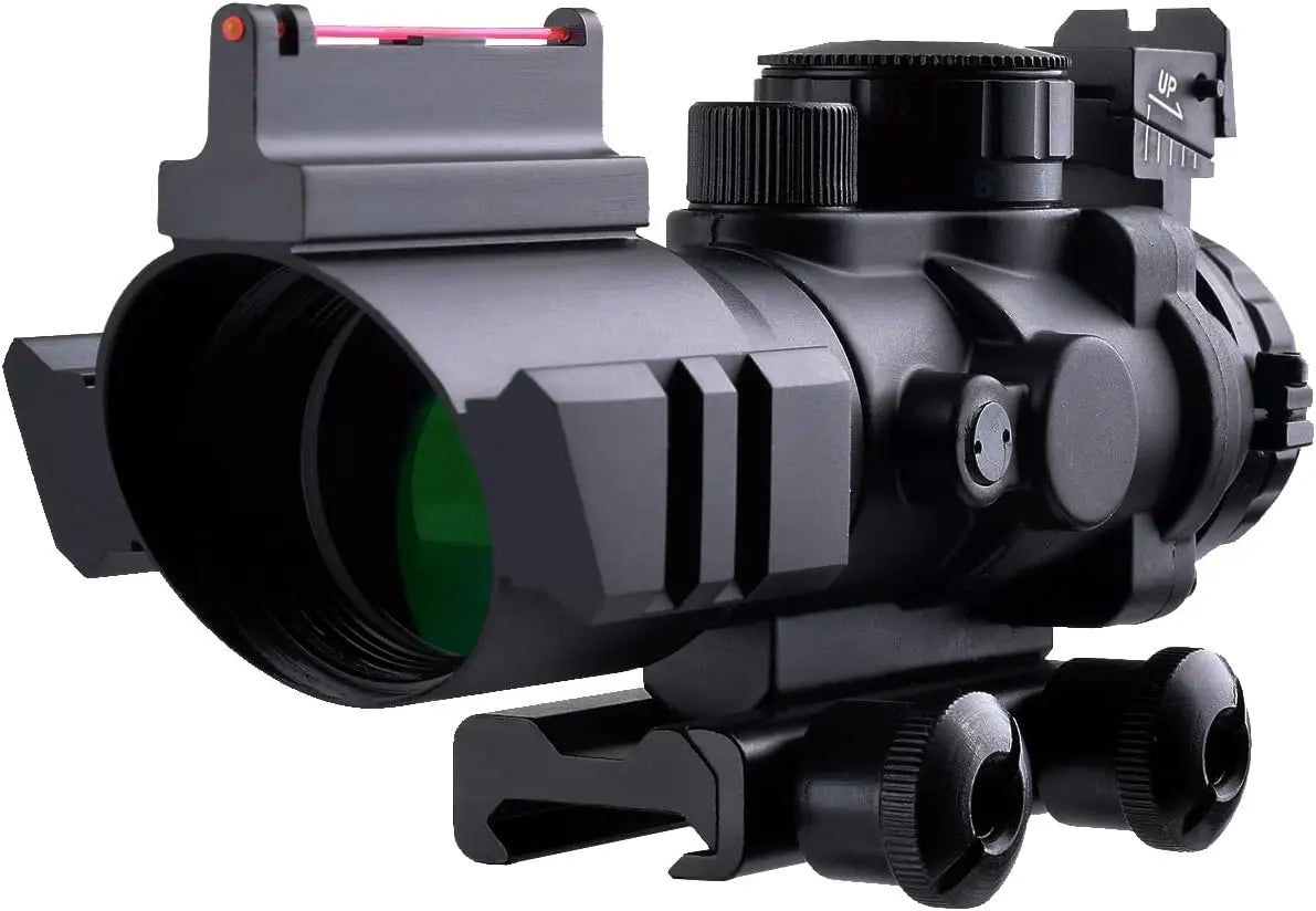4x32 Fixed Power Green/Blue/red Illuminated Reticle Compact Rifle Scope with Fiber Optic Tactical Sight and Weaver Slots