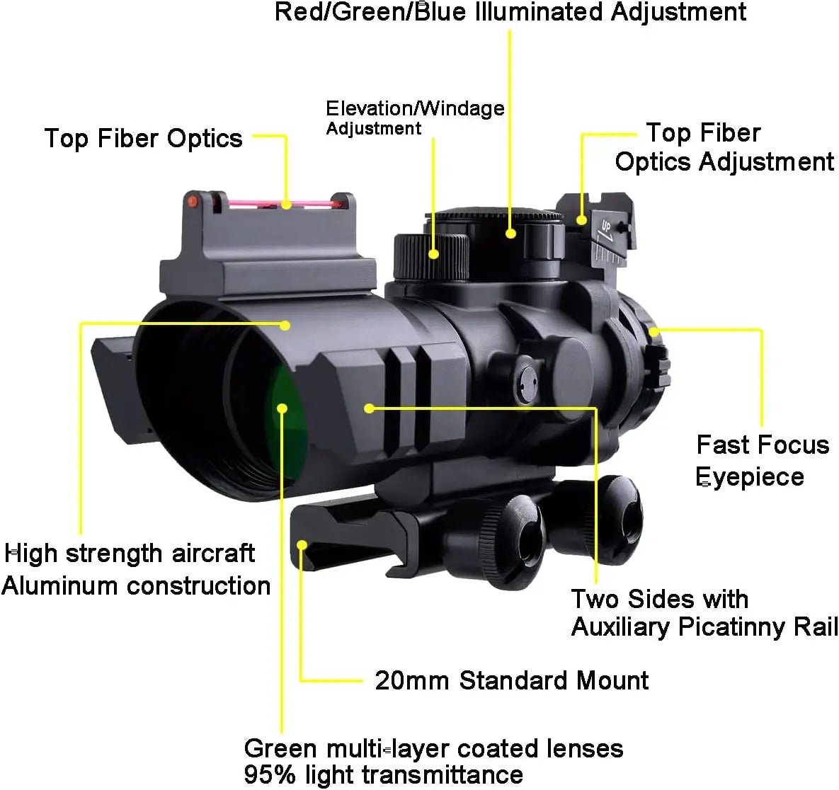4x32 Fixed Power Green/Blue/red Illuminated Reticle Compact Rifle Scope with Fiber Optic Tactical Sight and Weaver Slots