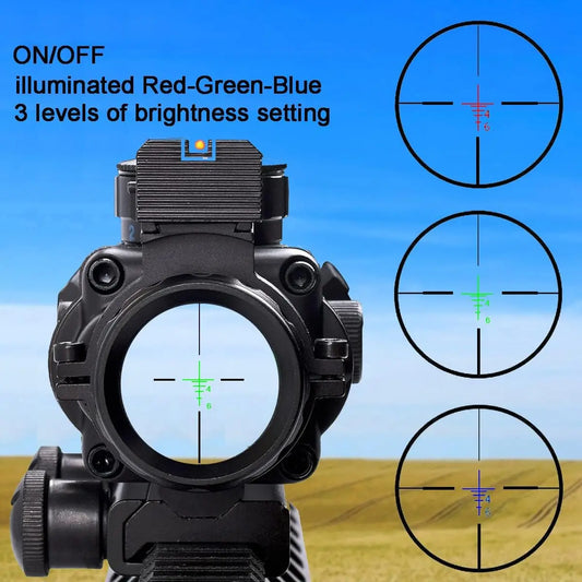 4x32 Fixed Power Green/Blue/red Illuminated Reticle Compact Rifle Scope with Fiber Optic Tactical Sight and Weaver Slots