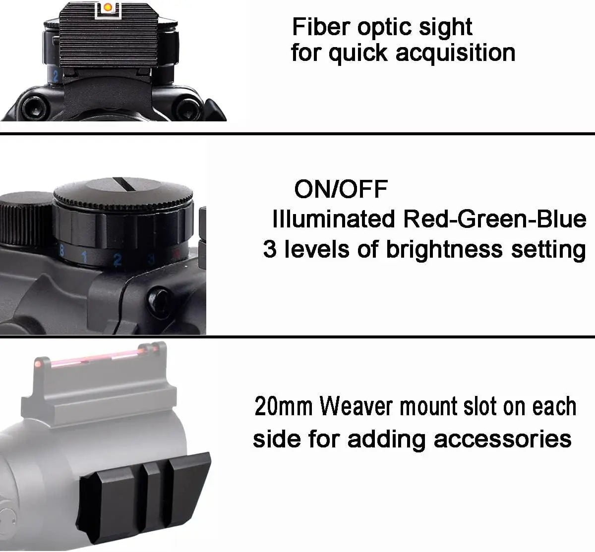 4x32 Fixed Power Green/Blue/red Illuminated Reticle Compact Rifle Scope with Fiber Optic Tactical Sight and Weaver Slots