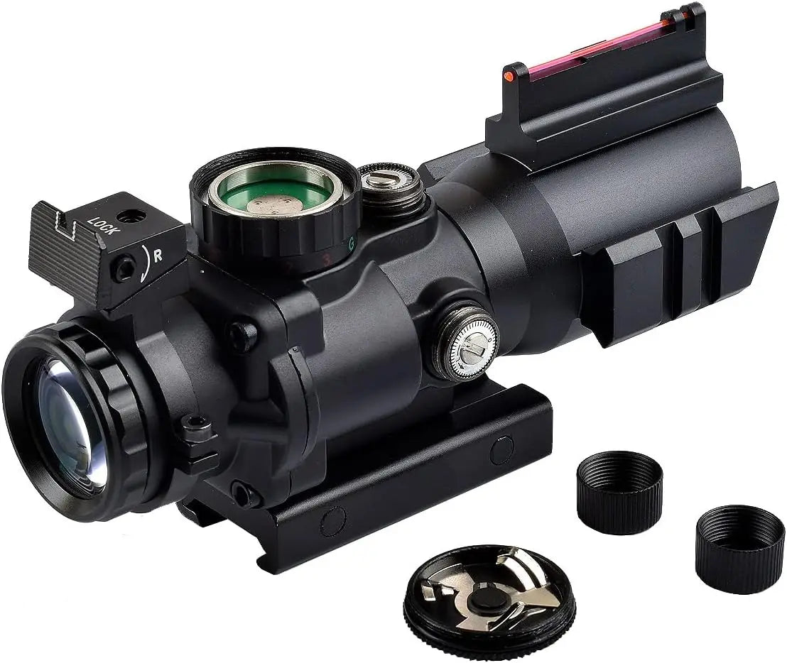 4x32 Fixed Power Green/Blue/red Illuminated Reticle Compact Rifle Scope with Fiber Optic Tactical Sight and Weaver Slots