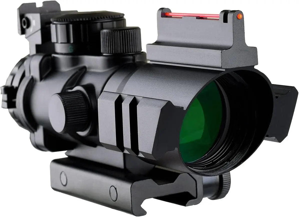 4x32 Fixed Power Green/Blue/red Illuminated Reticle Compact Rifle Scope with Fiber Optic Tactical Sight and Weaver Slots