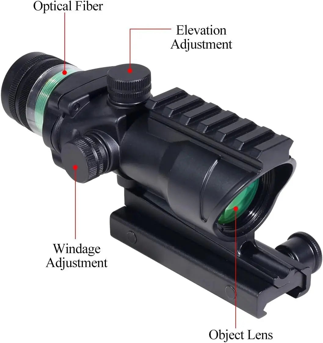 Optics 4X32mm Scope Green Dot Sight with Integrate Top 6 Slots Rail Mount Base，No Battery Required Illuminated Etched Reticle Optical Scope Accessory，Fits for Standard 20mm Pic Rail Mounting