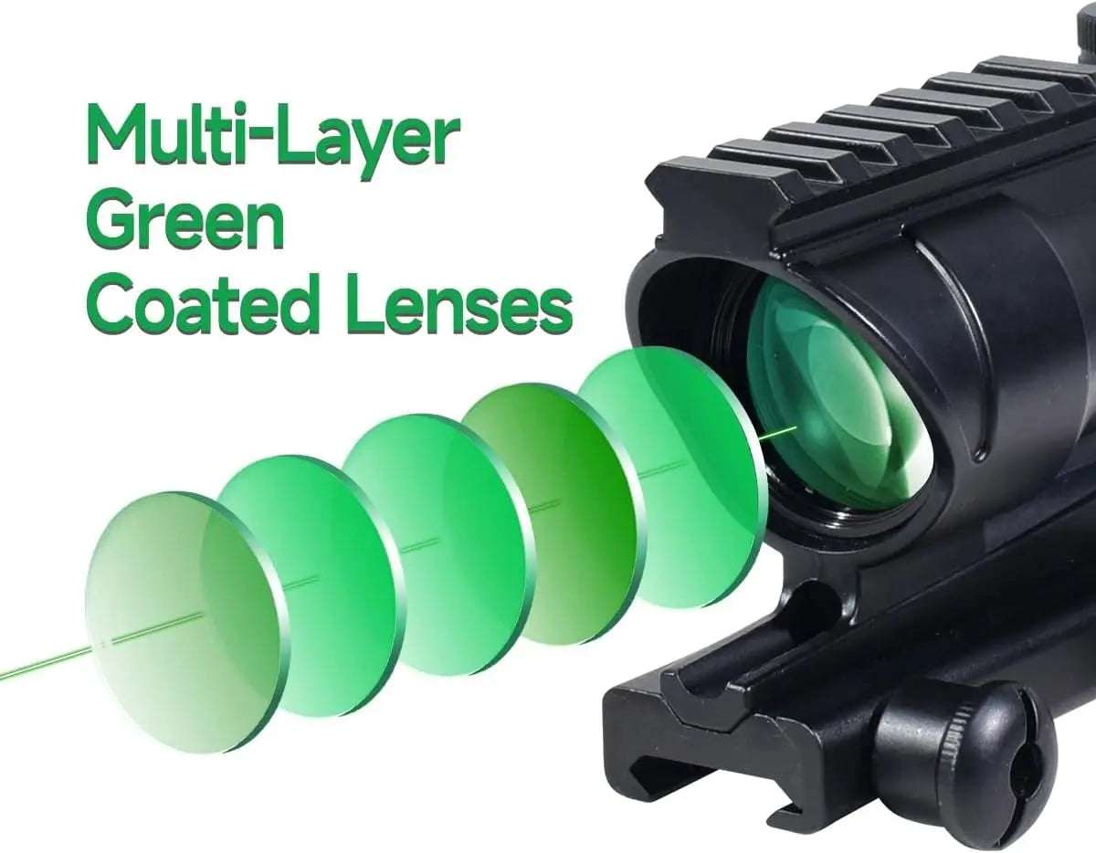 Optics 4X32mm Scope Green Dot Sight with Integrate Top 6 Slots Rail Mount Base，No Battery Required Illuminated Etched Reticle Optical Scope Accessory，Fits for Standard 20mm Pic Rail Mounting