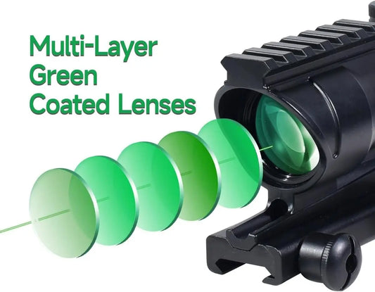 Optics 4X32mm Scope Green Dot Sight with Integrate Top 6 Slots Rail Mount Base，No Battery Required Illuminated Etched Reticle Optical Scope Accessory，Fits for Standard 20mm Pic Rail Mounting