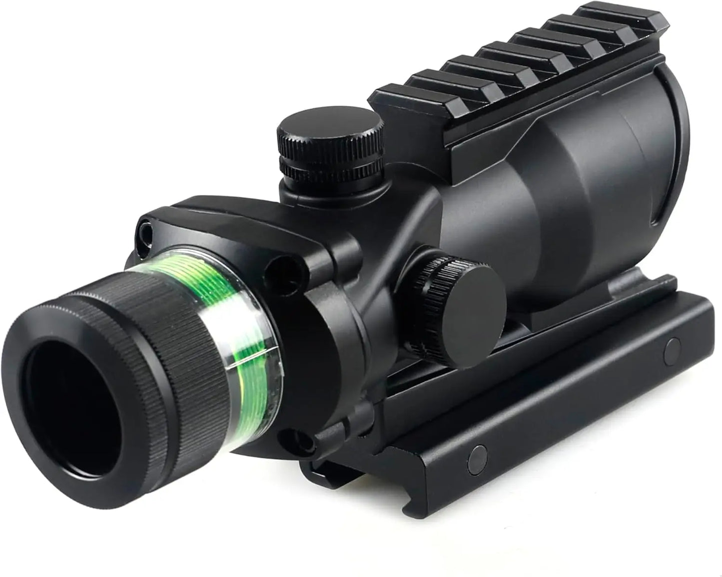 Optics 4X32mm Scope Green Dot Sight with Integrate Top 6 Slots Rail Mount Base，No Battery Required Illuminated Etched Reticle Optical Scope Accessory，Fits for Standard 20mm Pic Rail Mounting