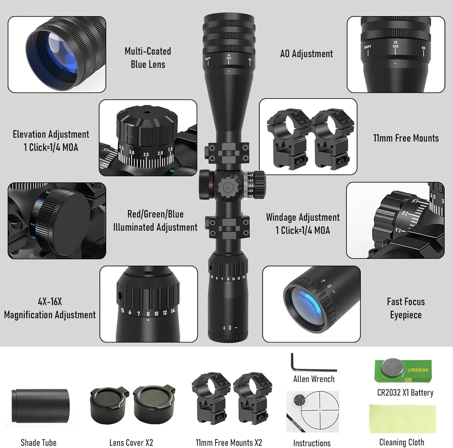 AOYO 6‑24×50 AO Long Range Rifle Scope with SFP Crosshair Reticle, Adjustable Objective, Sunshade and 11/20 mm Mounts